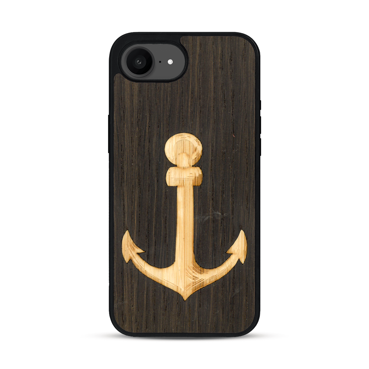 Coque de protection en bois véritable fabriquée en France pour  sur le thème nautique avec un bois clair et un bois foncé représentant une ancre de bateau
