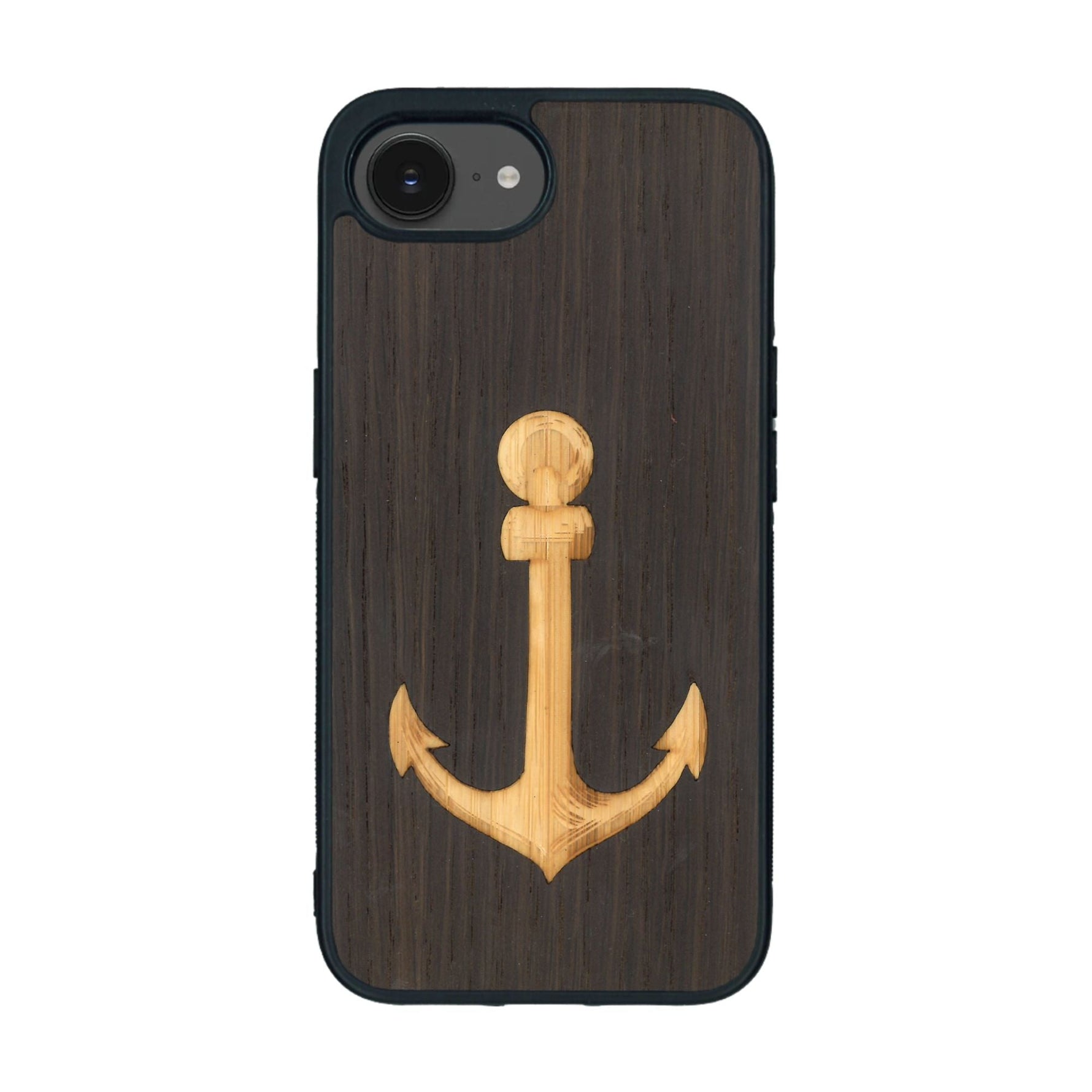 Coque de protection en bois véritable fabriquée en France pour iPhone 16e sur le thème nautique avec un bois clair et un bois foncé représentant une ancre de bateau