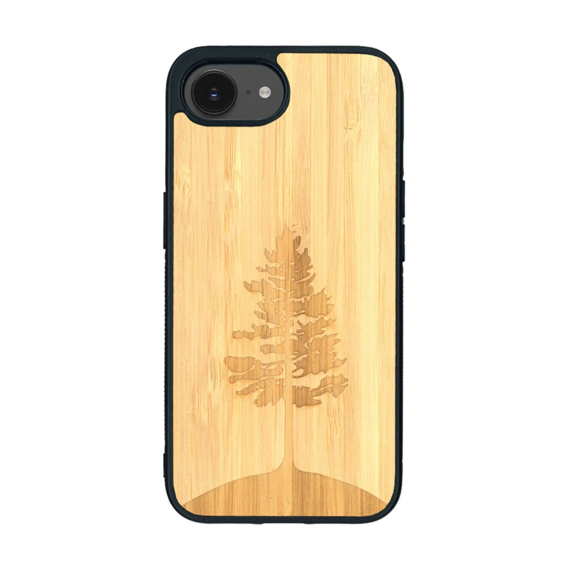 Coque de protection en bois véritable fabriquée en France pour iPhone 16e sur le thème de la nature, de la fôret et de l'écoresponsabilité avec une gravure représentant un arbre 