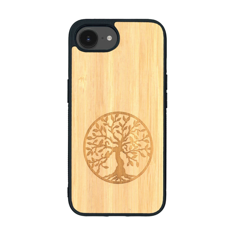 Coque de protection en bois véritable fabriquée en France pour iPhone 16e sur le thème de la spiritualité et du yoga avec une gravure zen représentant un arbre de vie