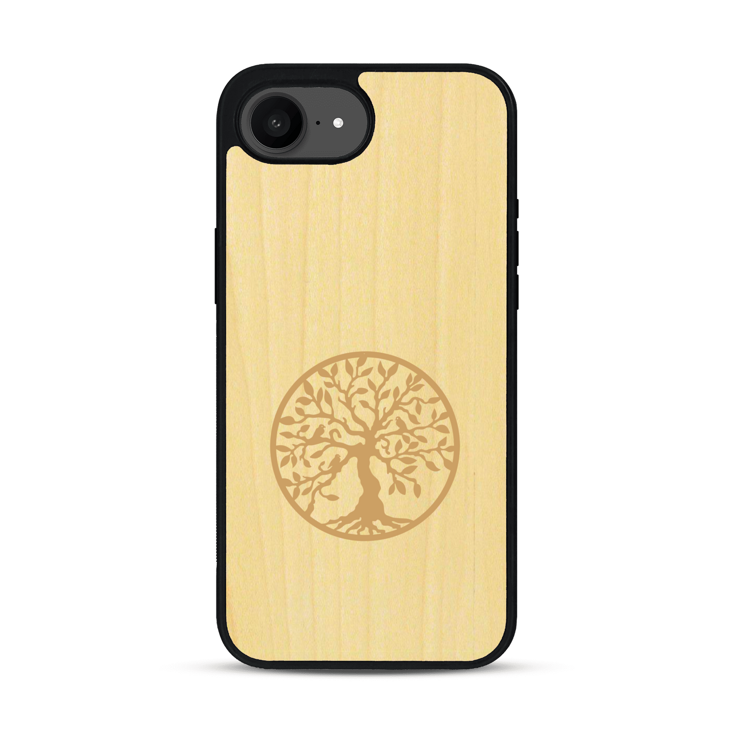 Coque de protection en bois véritable fabriquée en France pour  sur le thème de la spiritualité et du yoga avec une gravure zen représentant un arbre de vie