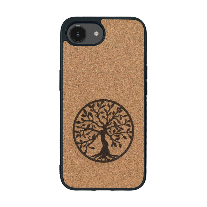 Coque de protection en bois véritable fabriquée en France pour iPhone 16e sur le thème de la spiritualité et du yoga avec une gravure zen représentant un arbre de vie