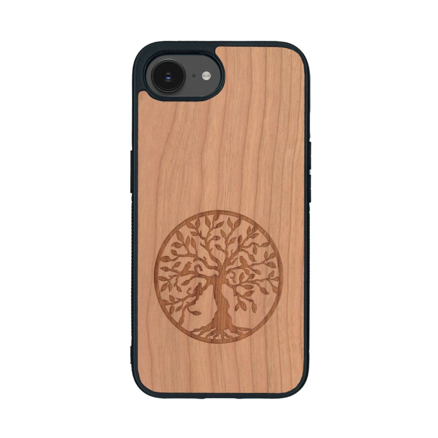 Coque de protection en bois véritable fabriquée en France pour iPhone 16e sur le thème de la spiritualité et du yoga avec une gravure zen représentant un arbre de vie