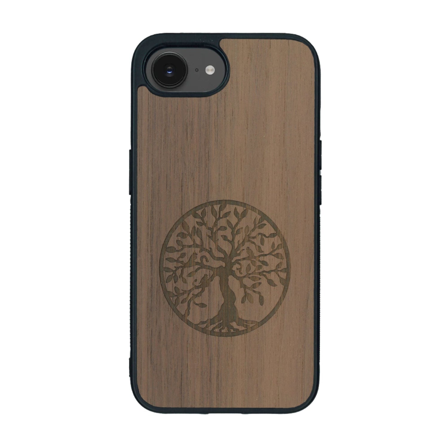 Coque de protection en bois véritable fabriquée en France pour iPhone 16e sur le thème de la spiritualité et du yoga avec une gravure zen représentant un arbre de vie