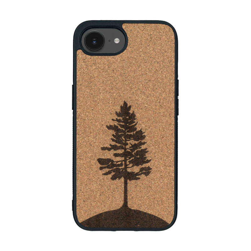 Coque de protection en bois véritable fabriquée en France pour iPhone 16e sur le thème de la nature, de la fôret et de l'écoresponsabilité avec une gravure représentant un arbre 