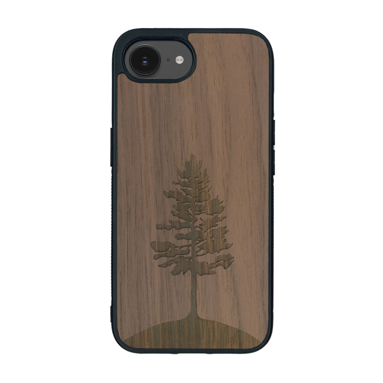 Coque de protection en bois véritable fabriquée en France pour iPhone 16e sur le thème de la nature, de la fôret et de l'écoresponsabilité avec une gravure représentant un arbre 