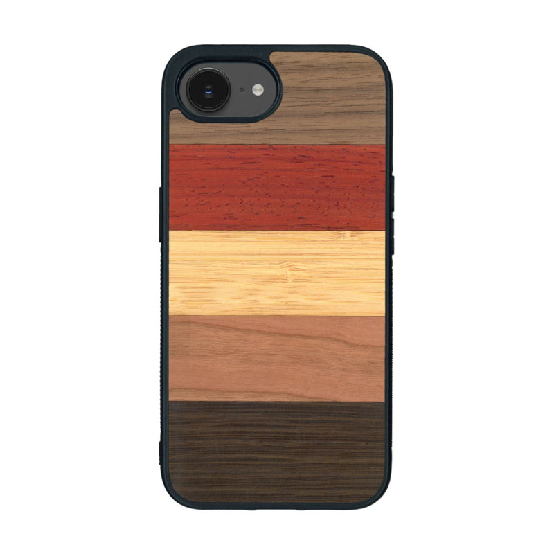 Coque de protection en bois véritable fabriquée en France pour iPhone 16e alliant des bandes horizontales de bambou, merisier, padouk, noyer et chêne fumé