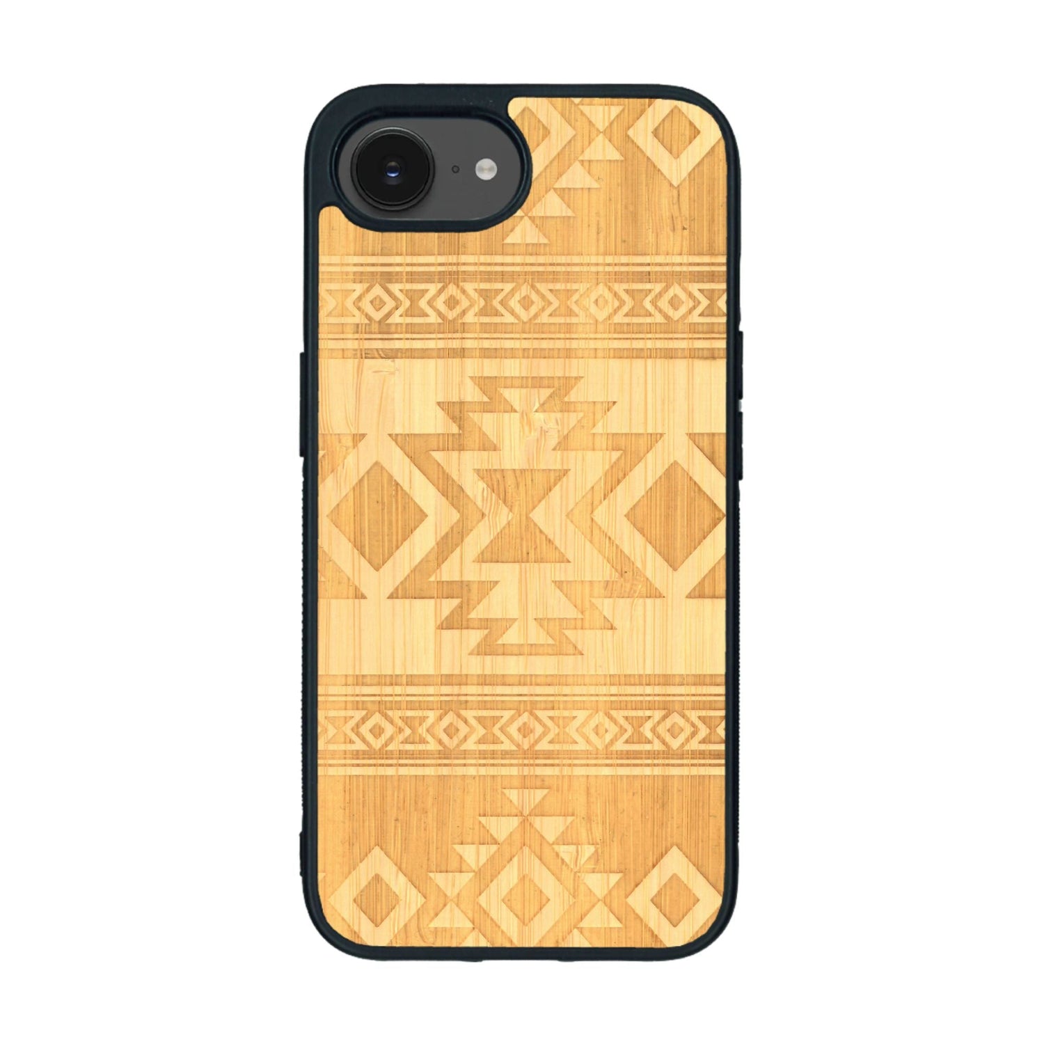 Coque de protection en bois véritable fabriquée en France pour iPhone 16e avec des motifs géométriques s'inspirant des temples aztèques, mayas et incas