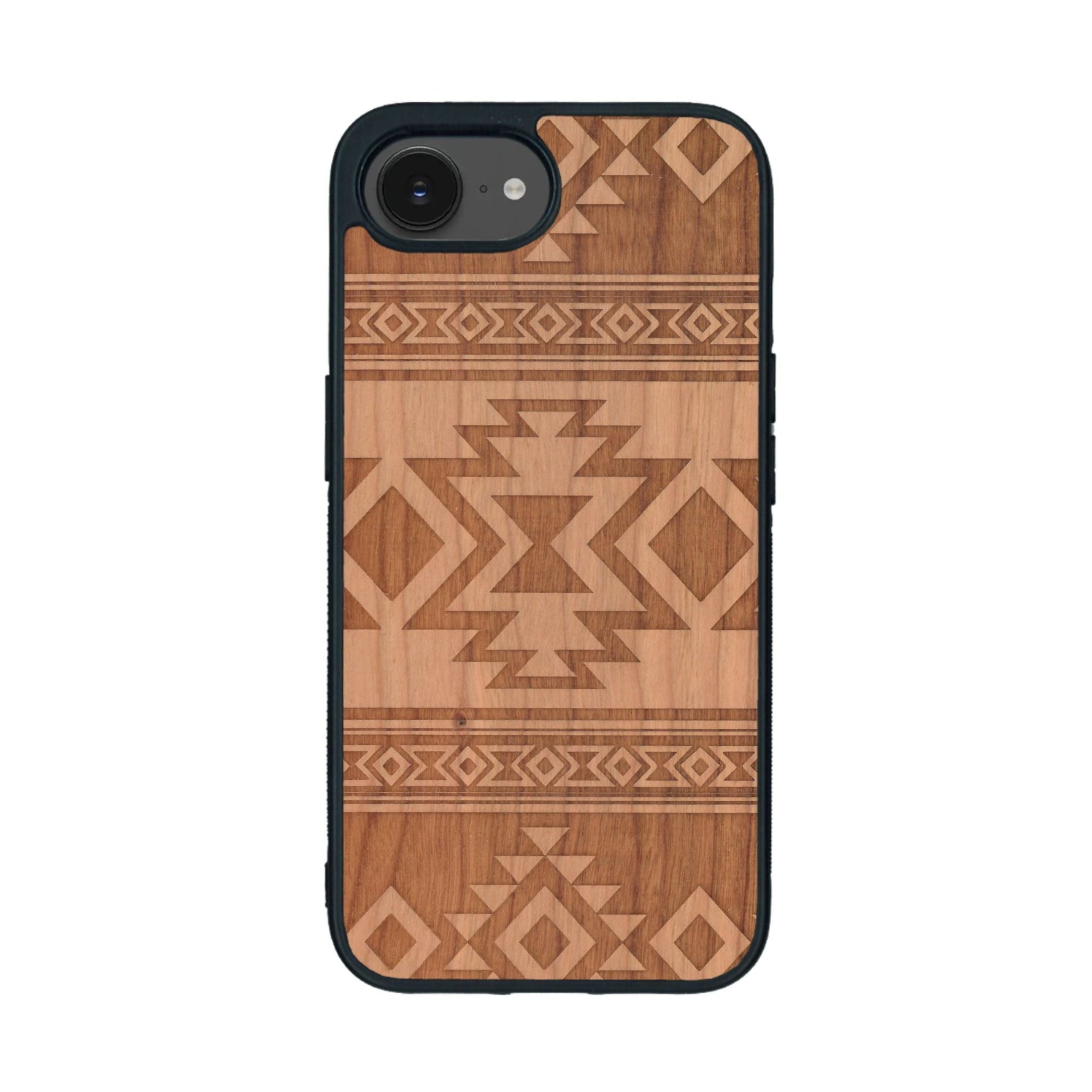 Coque de protection en bois véritable fabriquée en France pour iPhone 16e avec des motifs géométriques s'inspirant des temples aztèques, mayas et incas