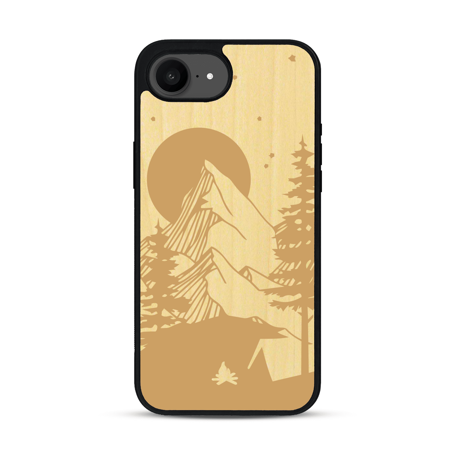 Coque de protection en bois véritable fabriquée en France pour  sur le thème du camping en pleine nature représentant une tente avec un feu de camp entouré de montagnes