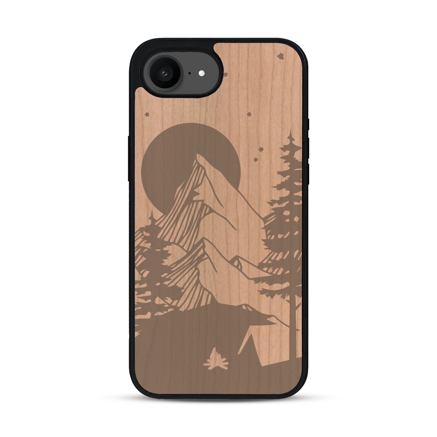 Coque de protection en bois véritable fabriquée en France pour  sur le thème du camping en pleine nature représentant une tente avec un feu de camp entouré de montagnes
