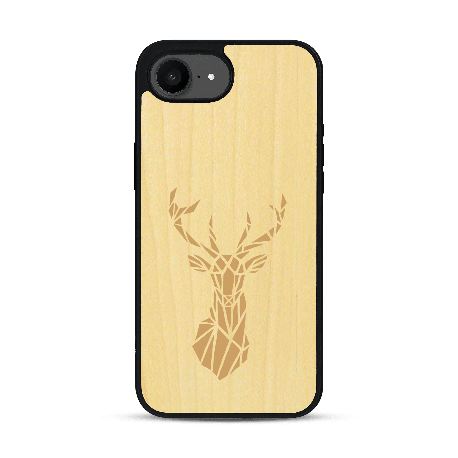 Coque de protection en bois véritable fabriquée en France pour  sur le thème de la nature et des animaux représentant une tête de cerf gométrique avec un design moderne et minimaliste