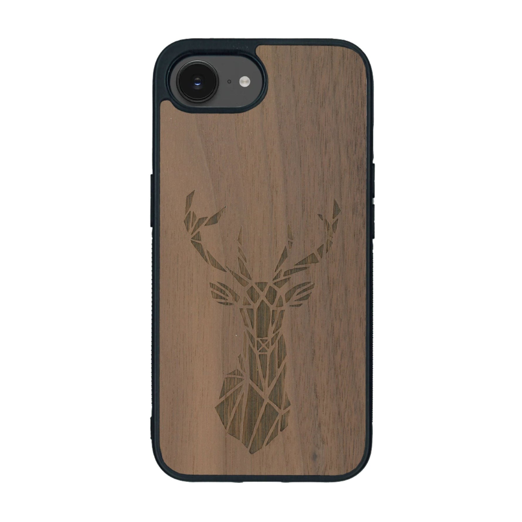 Coque de protection en bois véritable fabriquée en France pour iPhone 16e sur le thème de la nature et des animaux représentant une tête de cerf gométrique avec un design moderne et minimaliste