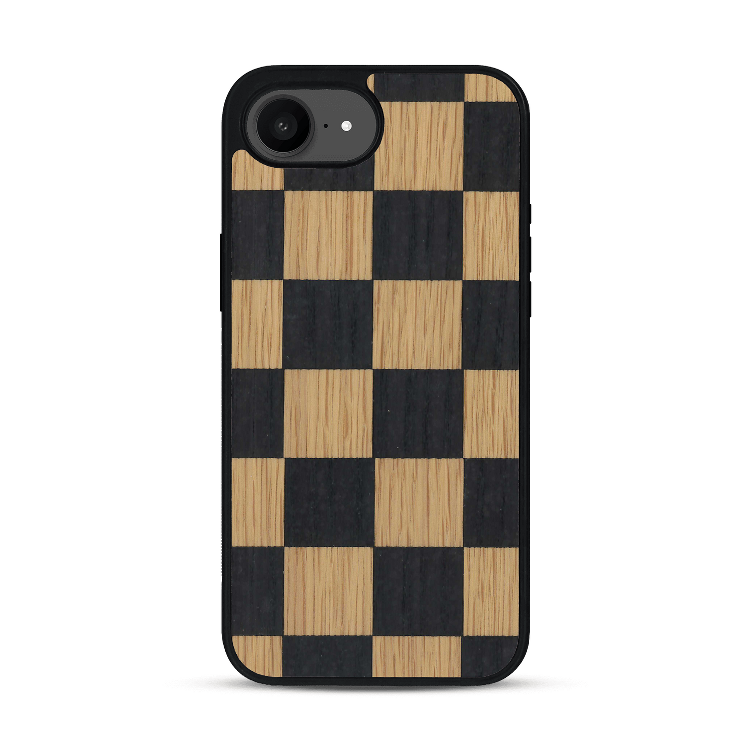 Coque de protection en bois véritable fabriquée en France pour  alliant plusieurs essences de bois pour représenter un damier