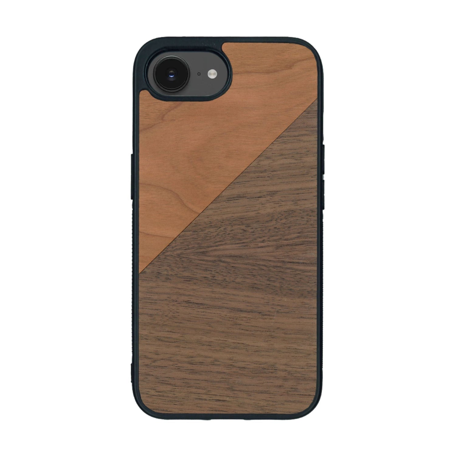 Coque de protection en bois véritable fabriquée en France pour iPhone 16e alliant du merisier et du noyer formant chacun un triangle avec une jointure en diagonale sur le thème de l'art abstrait