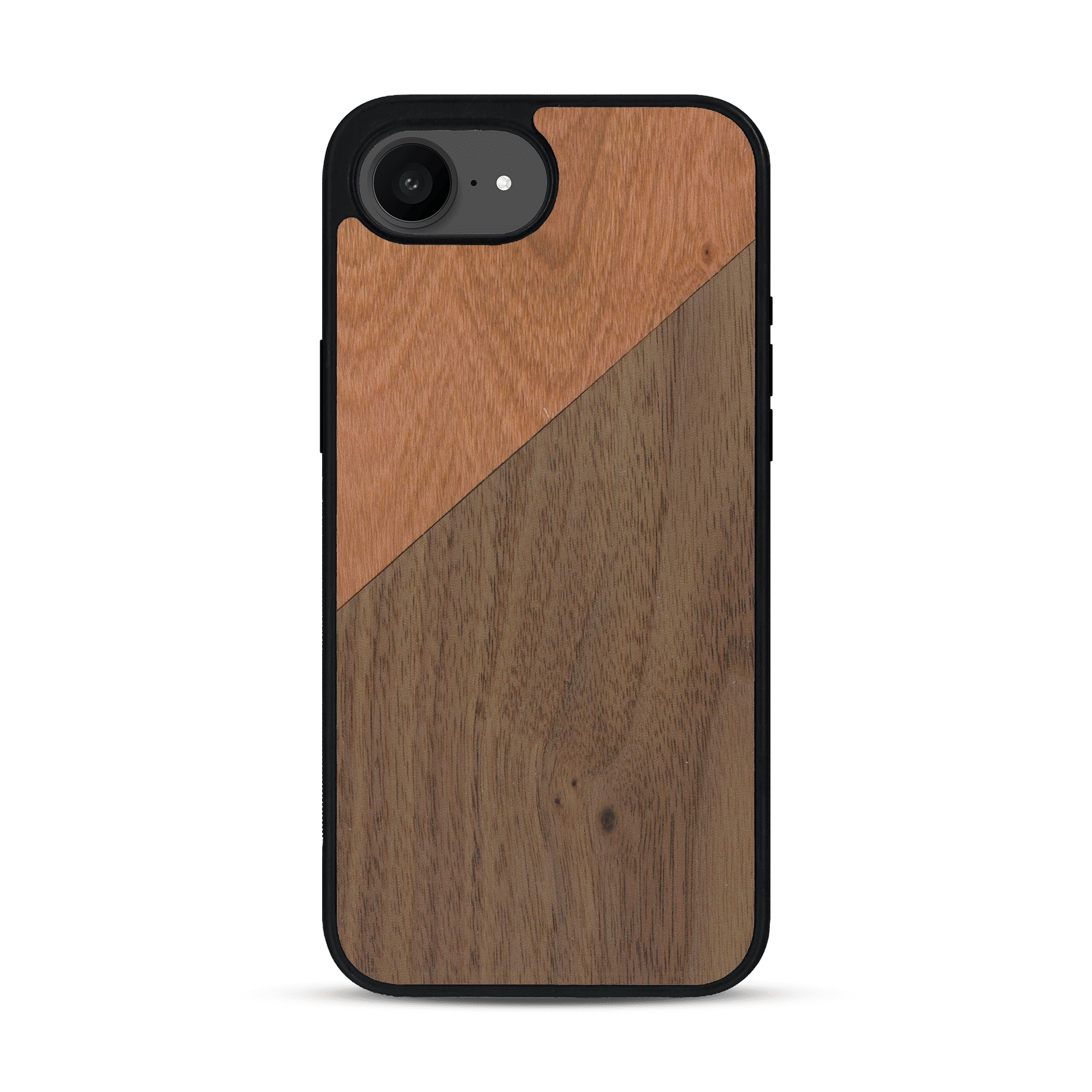 Coque de protection en bois véritable fabriquée en France pour  alliant du merisier et du noyer formant chacun un triangle avec une jointure en diagonale sur le thème de l'art abstrait