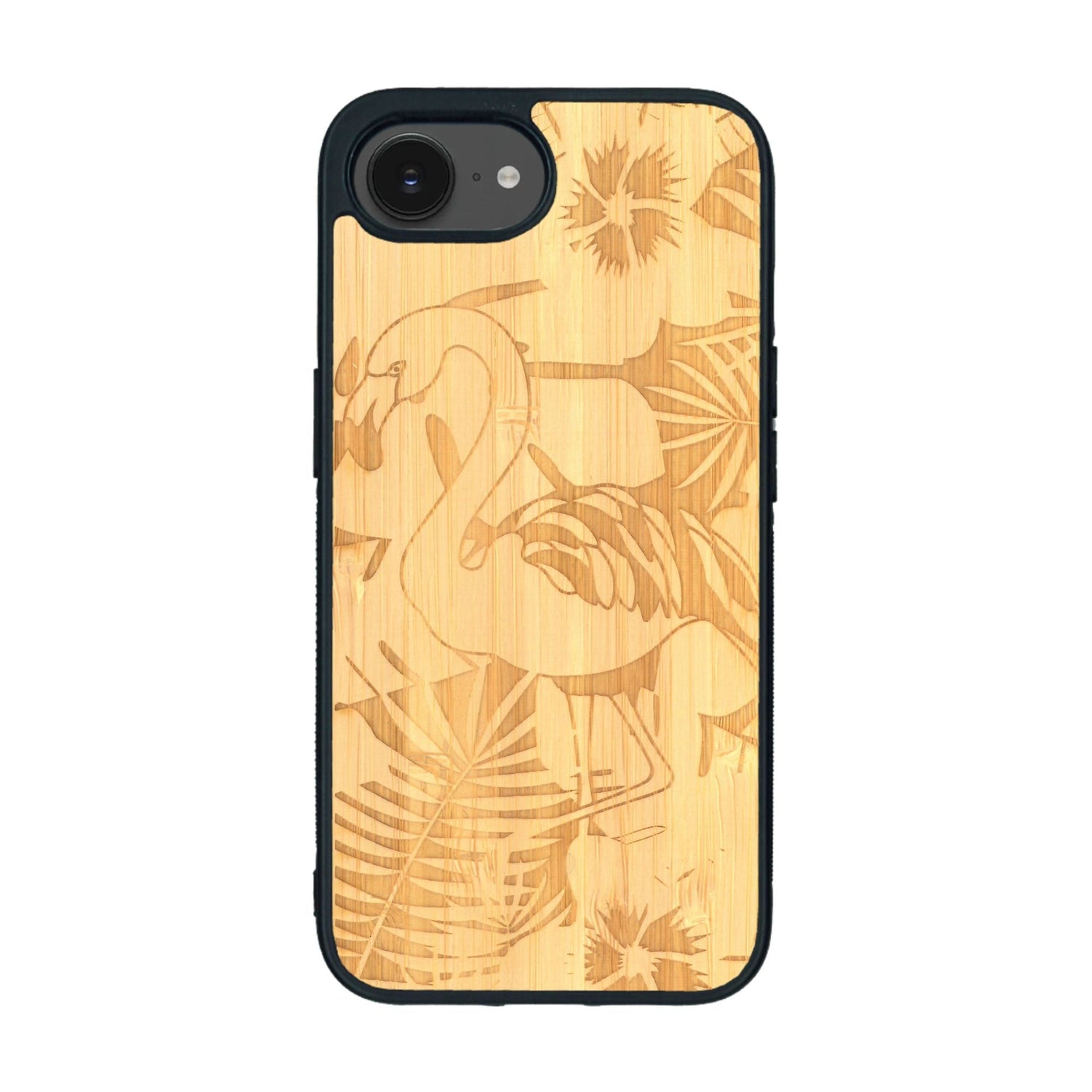 Coque de protection en bois véritable fabriquée en France pour iPhone 16e sur le thème de la nature et des animaux représentant un flamant rose entre des fougères
