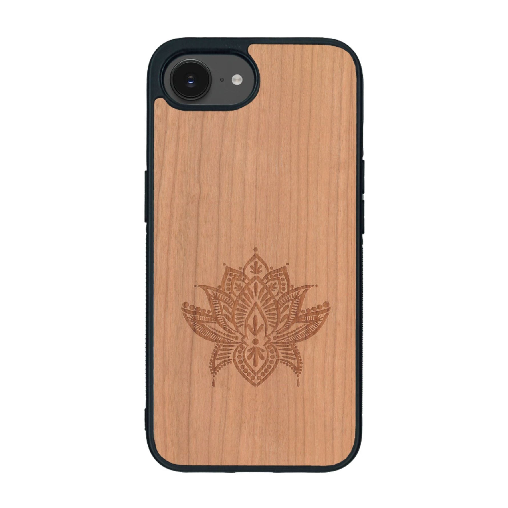Coque de protection en bois véritable fabriquée en France pour iPhone 16e sur le thème de la nature et du yoga avec une gravure zen représentant une fleur de lotus