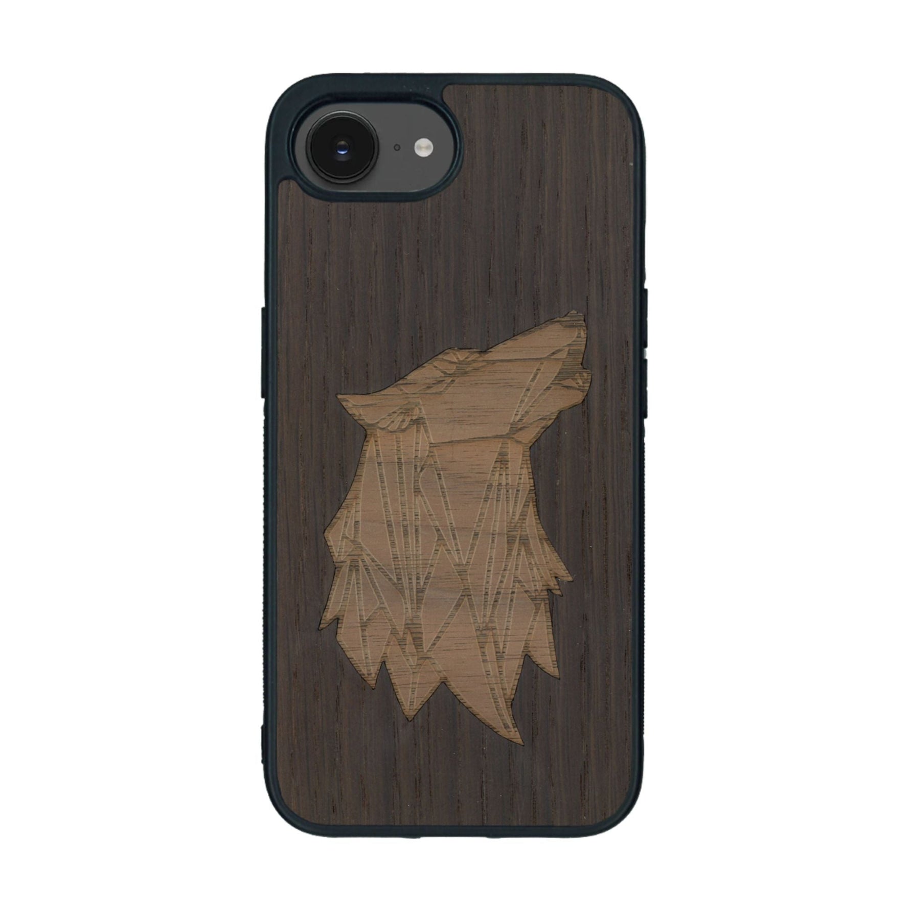 Coque de protection en bois véritable fabriquée en France pour iPhone 16e alliant du chêne fumé et du noyer représentant une tête de loup géométrique de profil sur le thème des animaux et de la nature