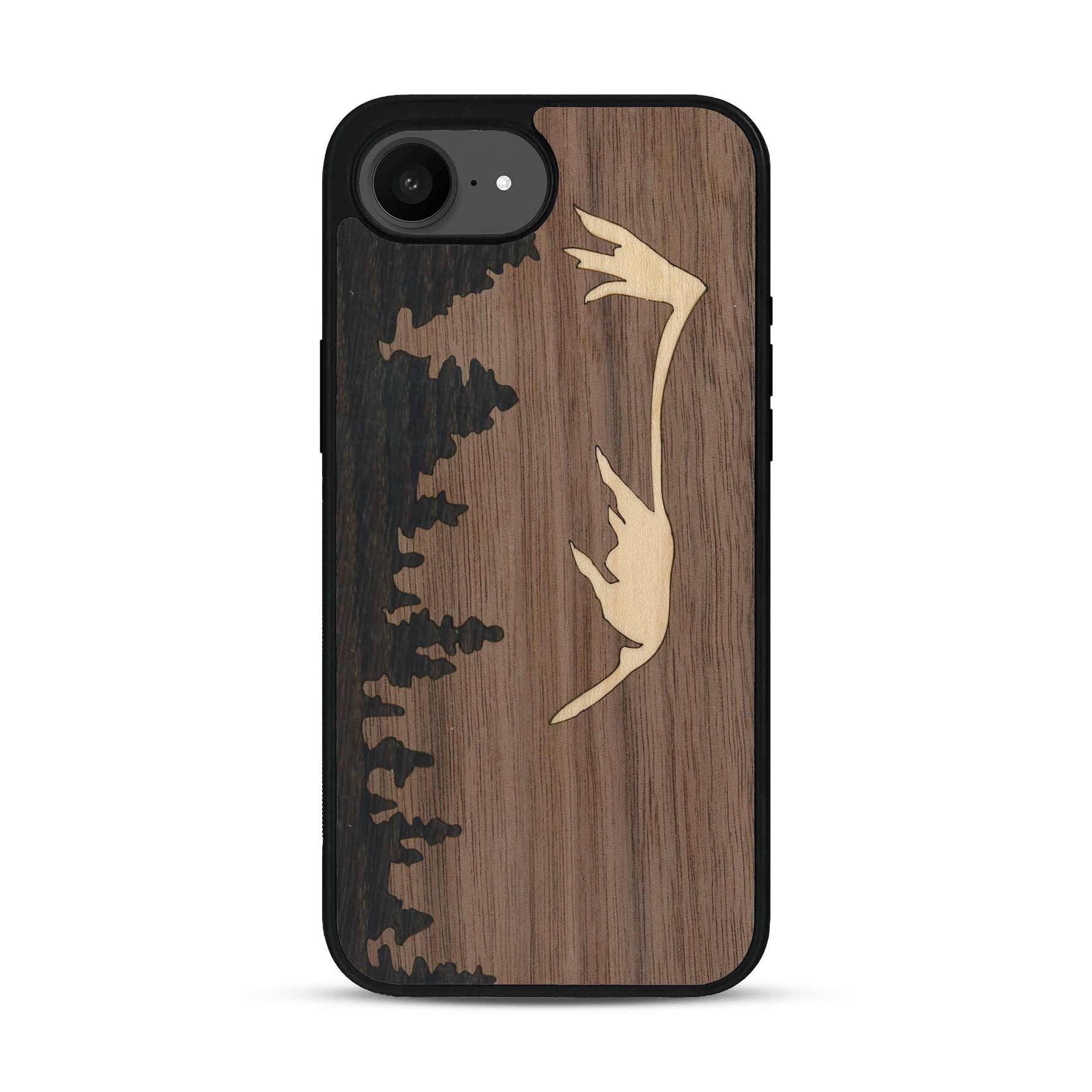 Coque de protection en bois véritable fabriquée en France pour  sur le thème de la nature et de la montagne qui allie du chêne fumé, du noyer et du bambou représentant le mont mézenc