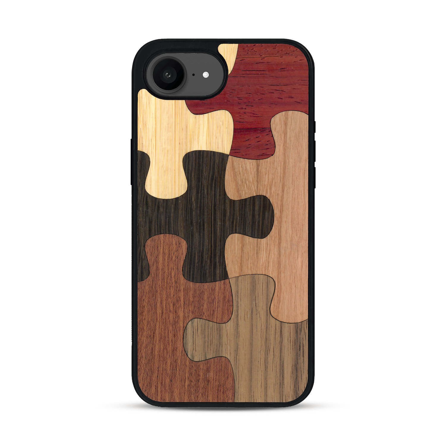 Coque de protection en bois véritable fabriquée en France pour  représentant un puzzle en six pièces qui allie du chêne fumé, du noyer, du bambou, du padouk, du merisier et de l'acajou
