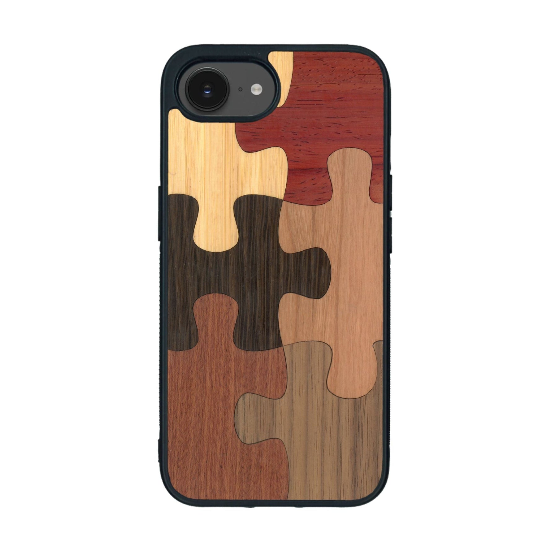 Coque de protection en bois véritable fabriquée en France pour iPhone 16e représentant un puzzle en six pièces qui allie du chêne fumé, du noyer, du bambou, du padouk, du merisier et de l'acajou