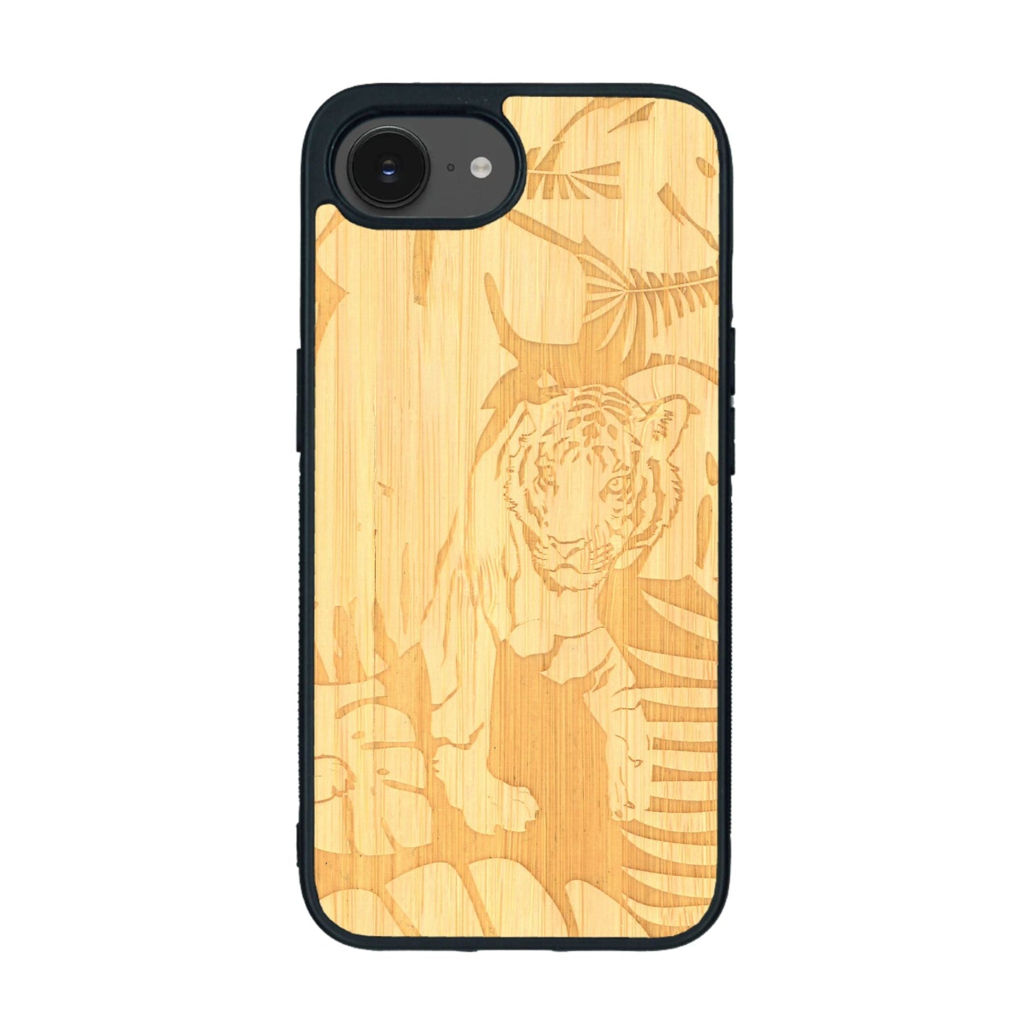 Coque de protection en bois véritable fabriquée en France pour iPhone 16e sur le thème de la nature et des animaux représentant un tigre dans la jungle entre des fougères