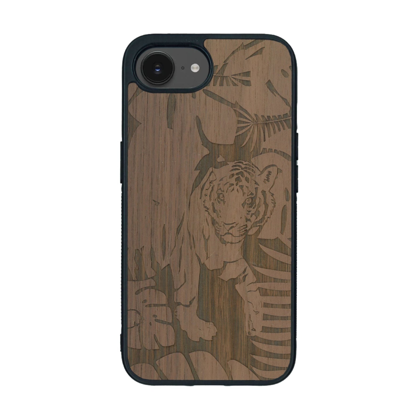 Coque de protection en bois véritable fabriquée en France pour iPhone 16e sur le thème de la nature et des animaux représentant un tigre dans la jungle entre des fougères