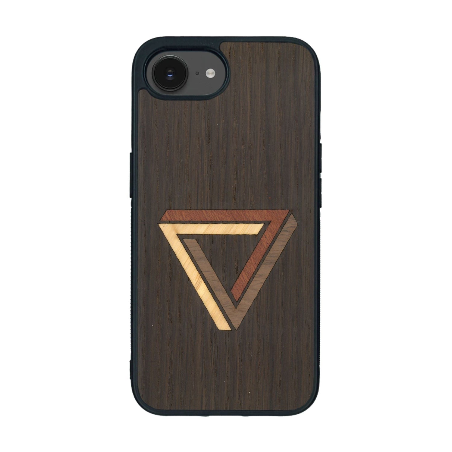 Coque de protection en bois véritable fabriquée en France pour iPhone 16e sur le thème de l'art géométrique qui allie du chêne fumé, du noyer, du bambou et du padouk représentant le triangle de penrose