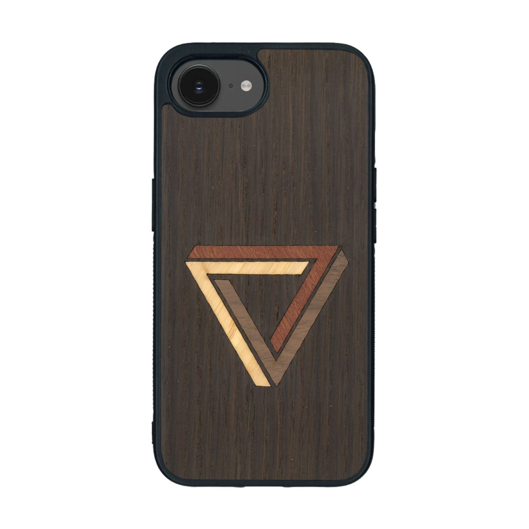 Coque de protection en bois véritable fabriquée en France pour iPhone 16e sur le thème de l'art géométrique qui allie du chêne fumé, du noyer, du bambou et du padouk représentant le triangle de penrose