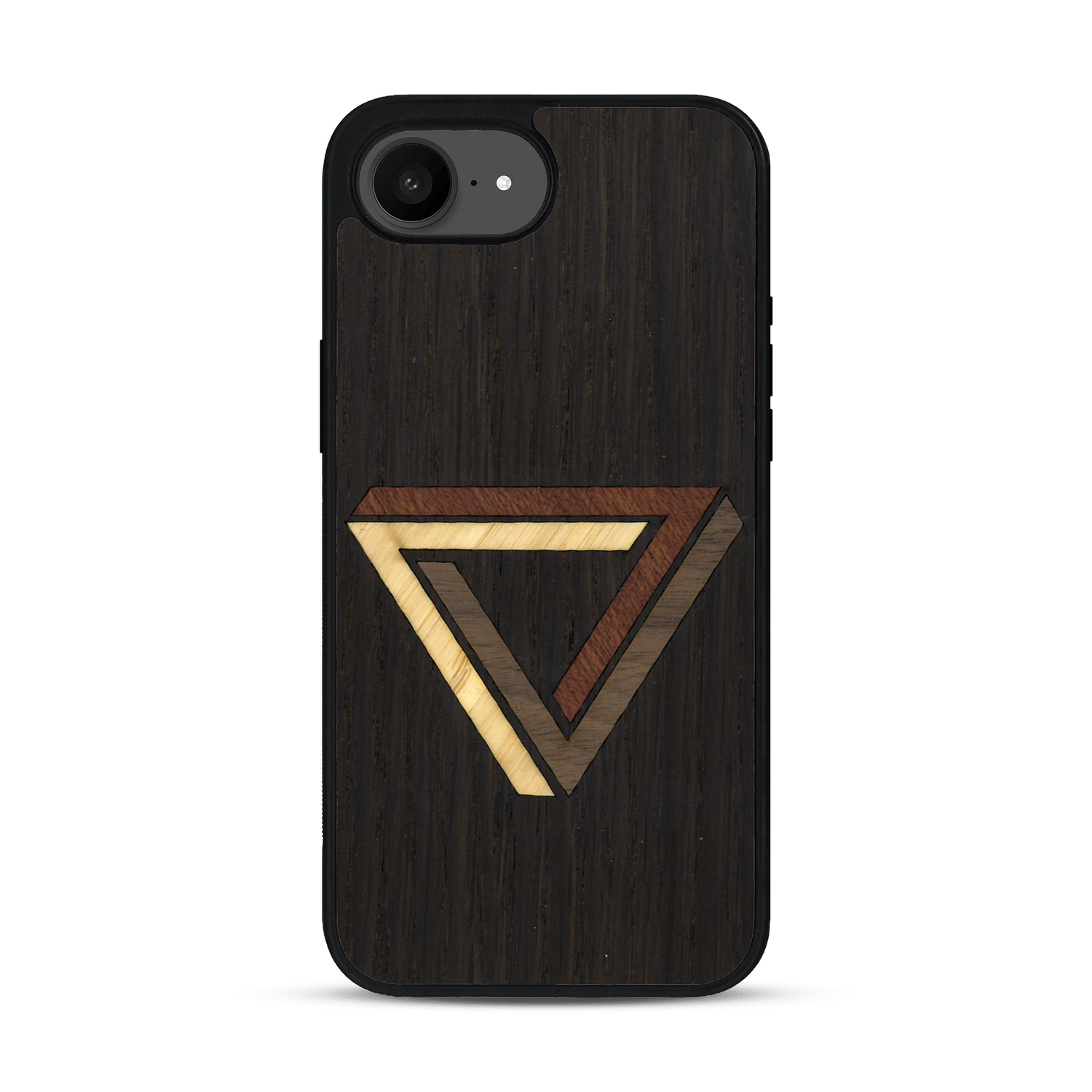 Coque de protection en bois véritable fabriquée en France pour  sur le thème de l'art géométrique qui allie du chêne fumé, du noyer, du bambou et du padouk représentant le triangle de penrose
