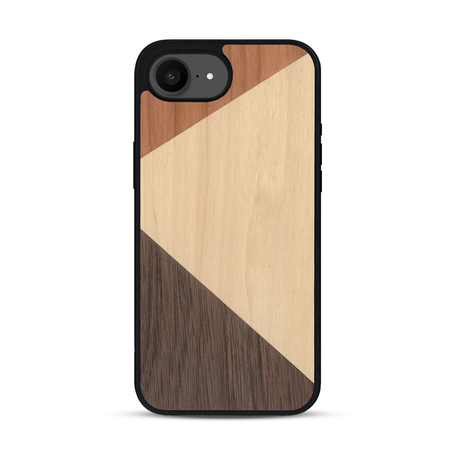 Coque de protection en bois véritable fabriquée en France pour  alliant du merisier, du noyer et du bambou formant chacun deux triangles et un trapèze avec deux jointures en diagonale sur le thème de l'art abstrait