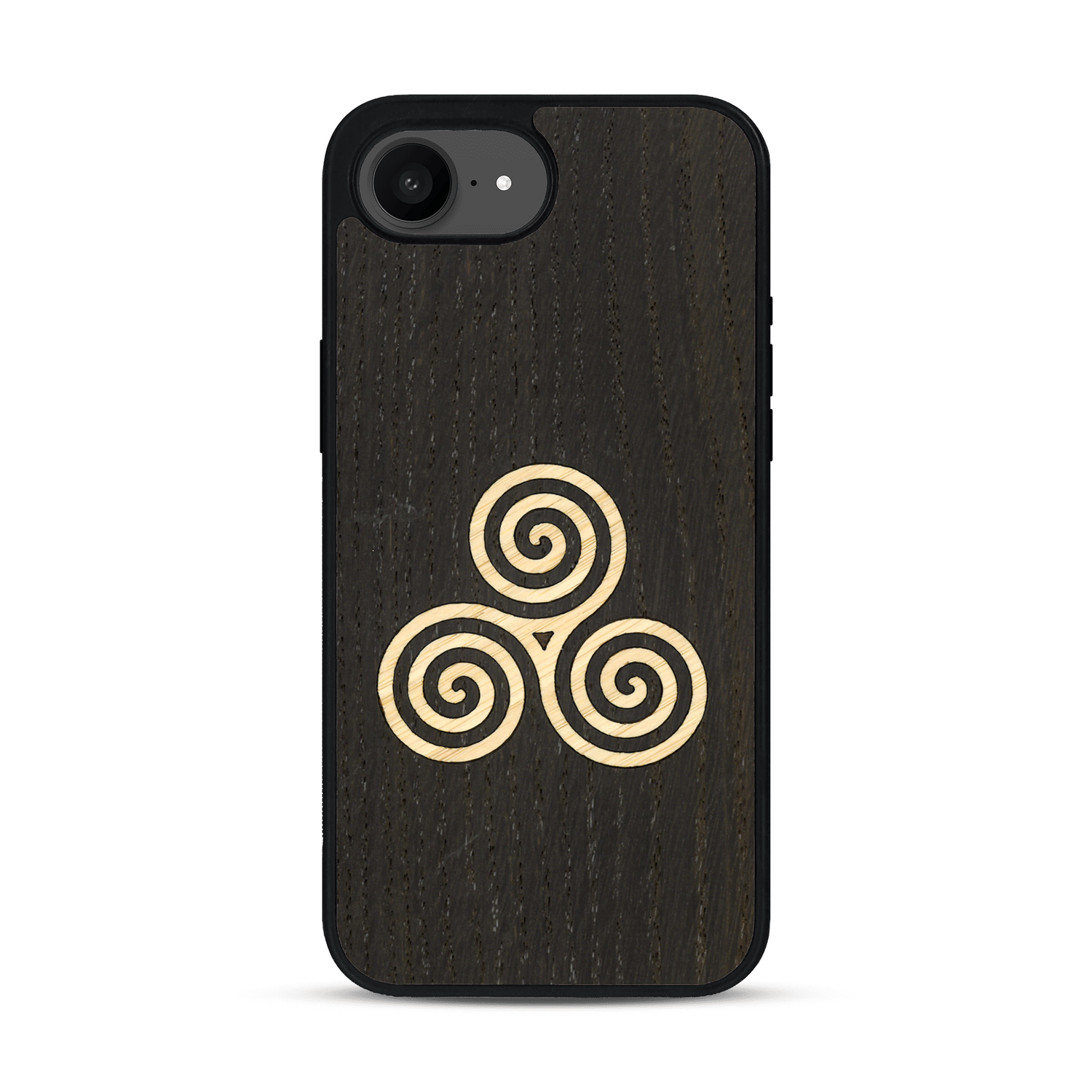 Coque de protection en bois véritable fabriquée en France pour  alliant du chêne fumé et du bambou et doré représentant un triskell