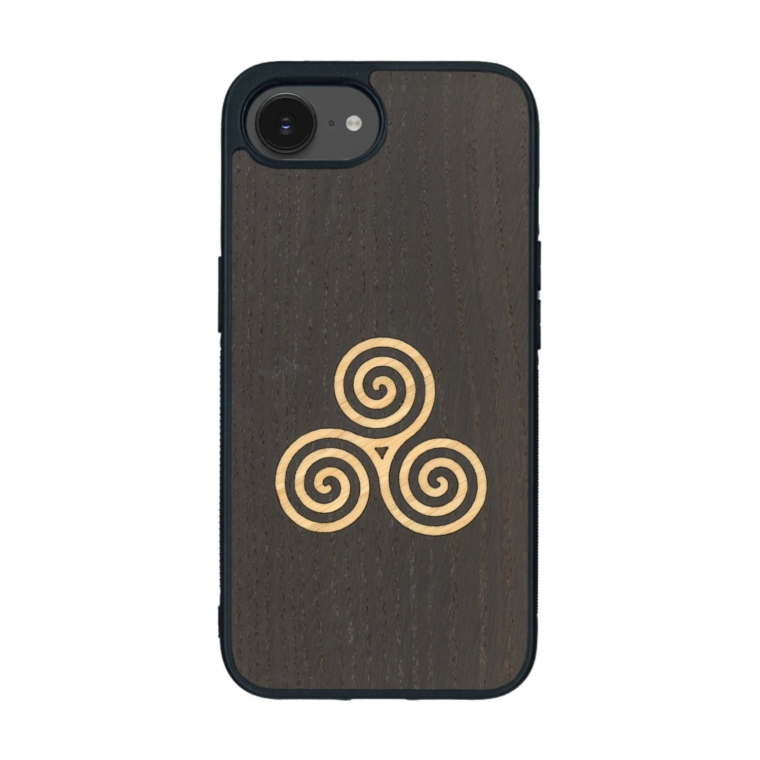 Coque de protection en bois véritable fabriquée en France pour iPhone 16e alliant du chêne fumé et du bambou et doré représentant un triskell