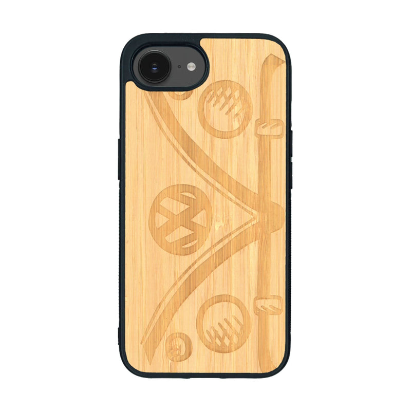 Coque de protection en bois véritable fabriquée en France pour iPhone 16e sur le thème de l'automobile avec un van combi