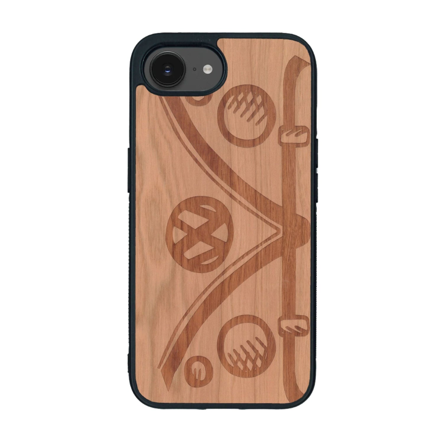 Coque de protection en bois véritable fabriquée en France pour iPhone 16e sur le thème de l'automobile avec un van combi