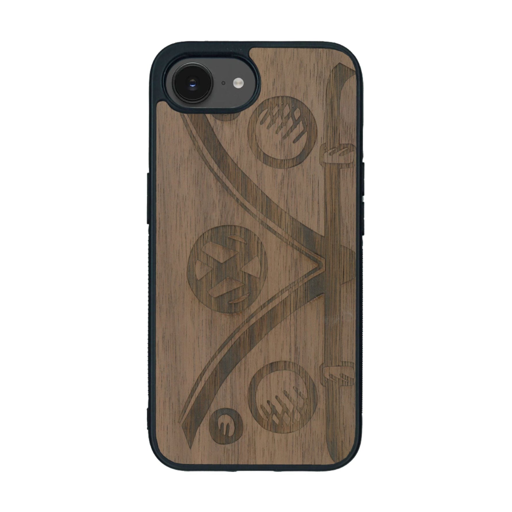 Coque de protection en bois véritable fabriquée en France pour iPhone 16e sur le thème de l'automobile avec un van combi