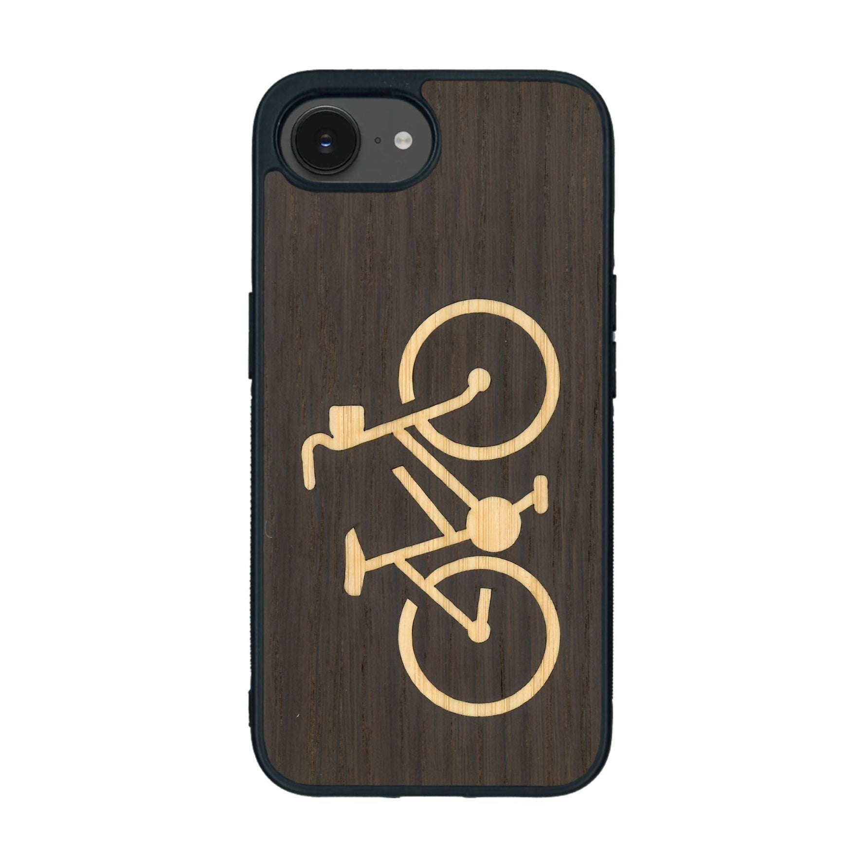 Coque de protection en bois véritable fabriquée en France pour iPhone 16e sur le theme du vélo et de l'outdoor qui allie du bambou et du chêne fumé représentant un vélo