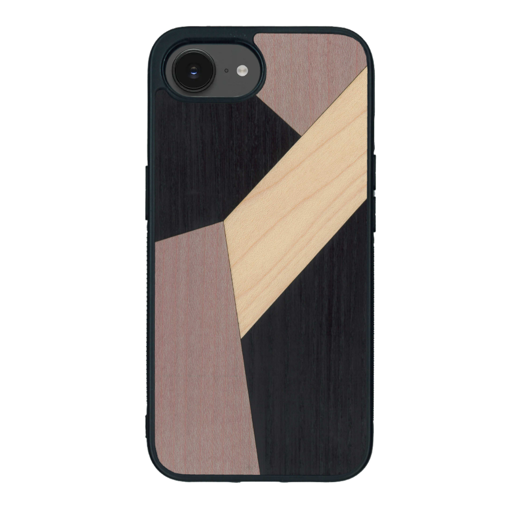 Coque de protection en bois véritable fabriquée en France pour iPhone 16e alliant du bambou, du tulipier mauve et noir en forme de mosaïque minimaliste sur le thème de l'art abstrait