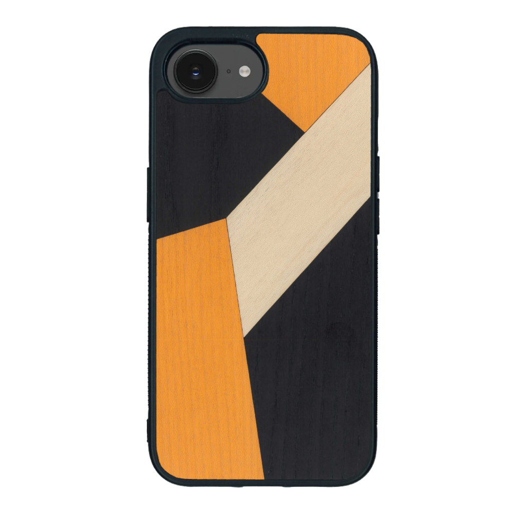 Coque de protection en bois véritable fabriquée en France pour iPhone 16e alliant du bambou, du tulipier orange et noir en forme de mosaïque minimaliste sur le thème de l'art abstrait