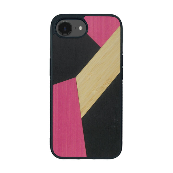Coque de protection en bois véritable fabriquée en France pour iPhone 16e alliant du bambou, du tulipier rose et noir en forme de mosaïque minimaliste sur le thème de l'art abstrait