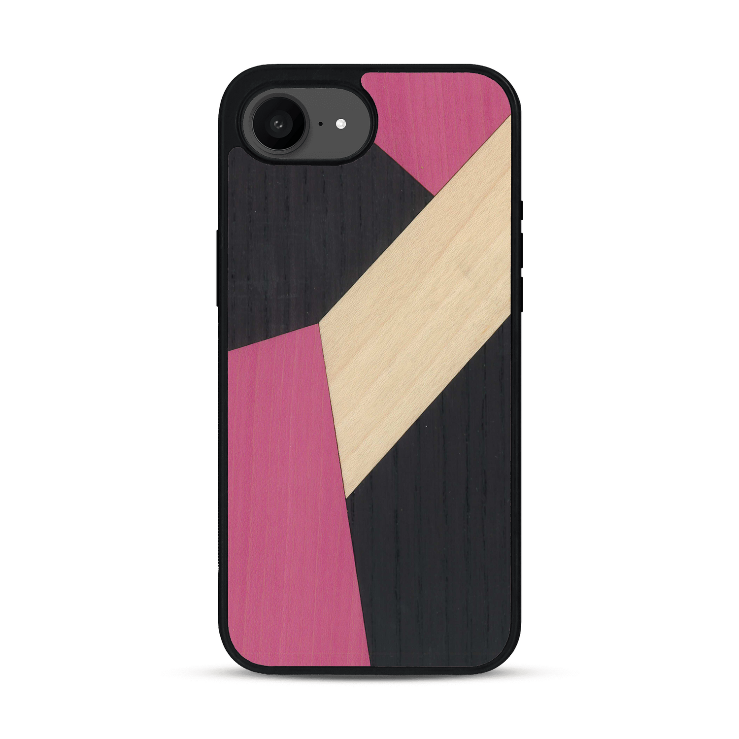 Coque de protection en bois véritable fabriquée en France pour  alliant du bambou, du tulipier rose et noir en forme de mosaïque minimaliste sur le thème de l'art abstrait