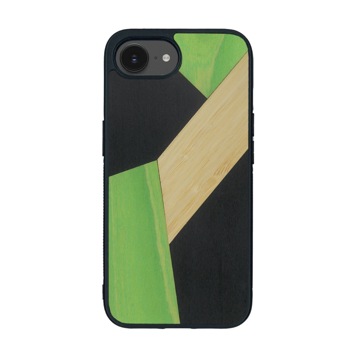 Coque de protection en bois véritable fabriquée en France pour iPhone 16e alliant du bambou, du tulipier vert et noir en forme de mosaïque minimaliste sur le thème de l'art abstrait