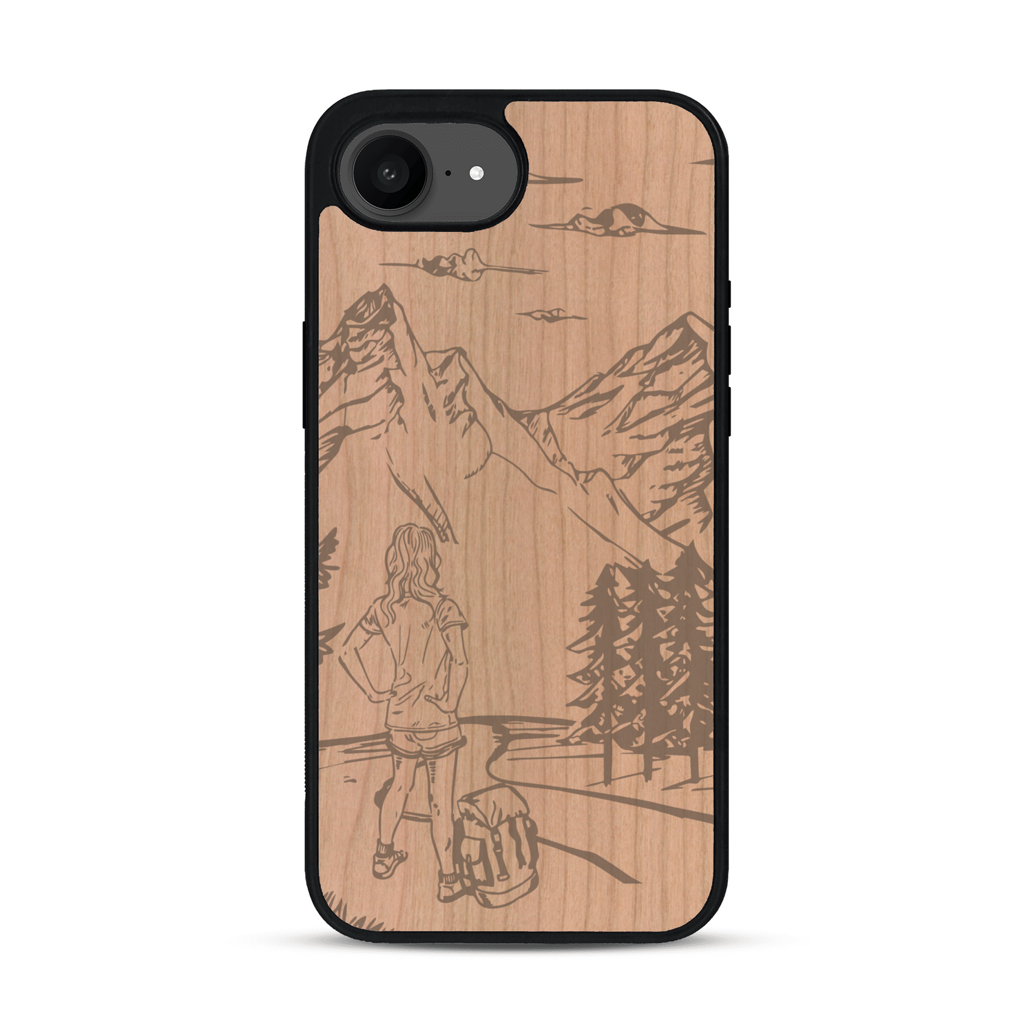 Coque de protection en bois véritable fabriquée en France pour  sur le thème de la randonnée en montagne et de l'aventure avec une gravure représentant une femme de dos face à un paysage de nature