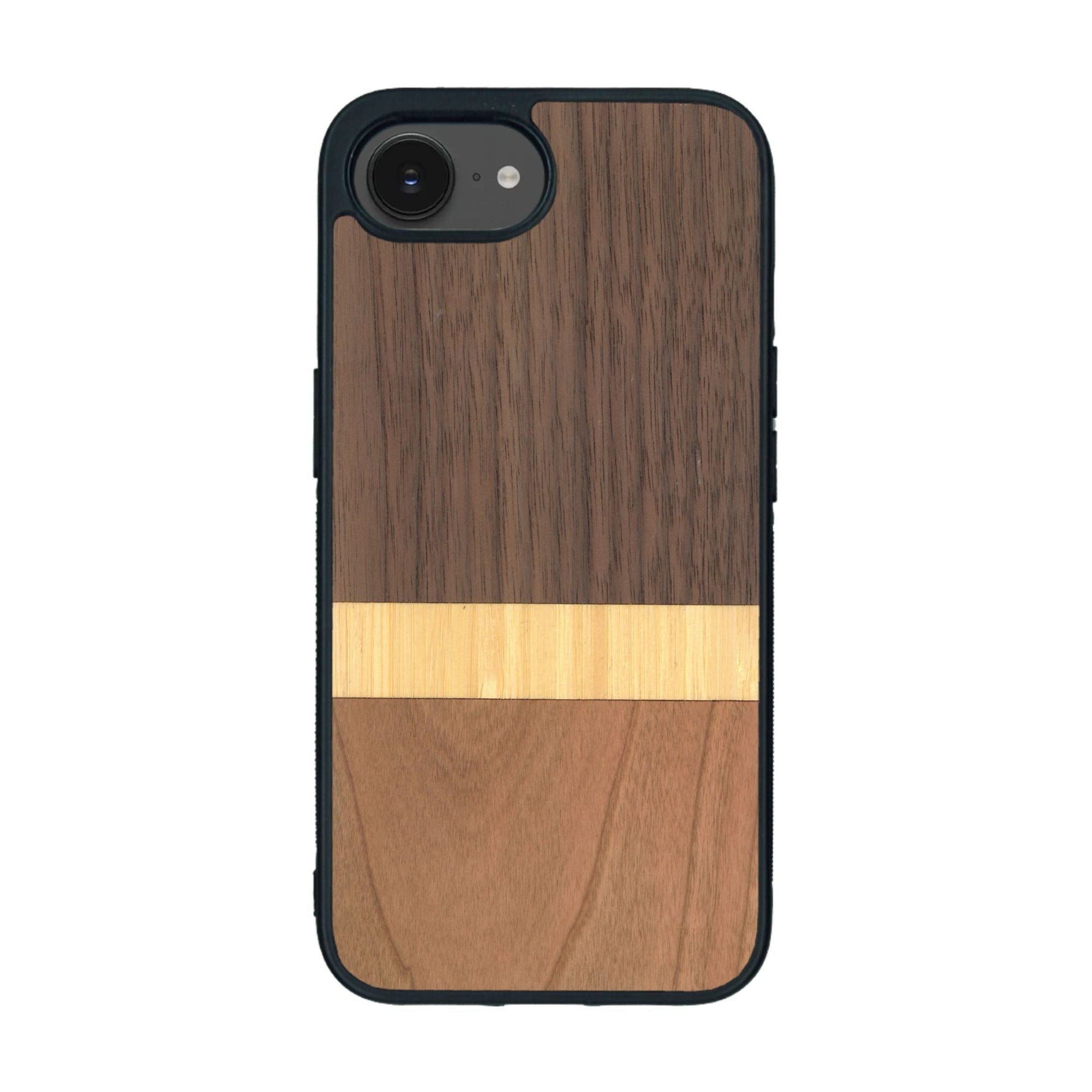 Coque de protection en bois véritable fabriquée en France pour iPhone 16e alliant des bandes horizontales de bambou, merisier et noyer