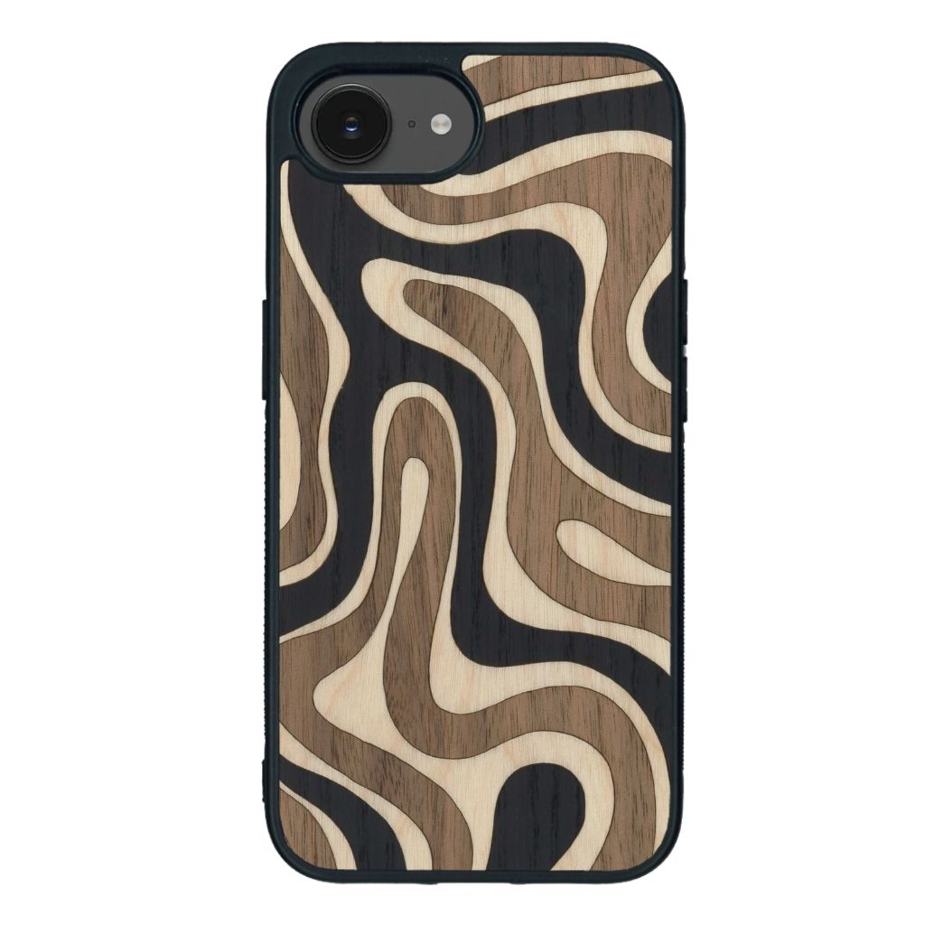Coque de protection en bois véritable fabriquée en France pour iPhone 16e alliant plusieurs essences de bois pour représenter une ondulation