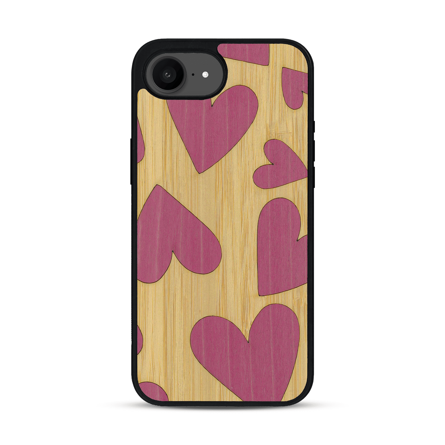 Coque de protection en bois véritable fabriquée en France pour  alliant plusieurs essences de bois pour représenter des coeurs pour les amoureux