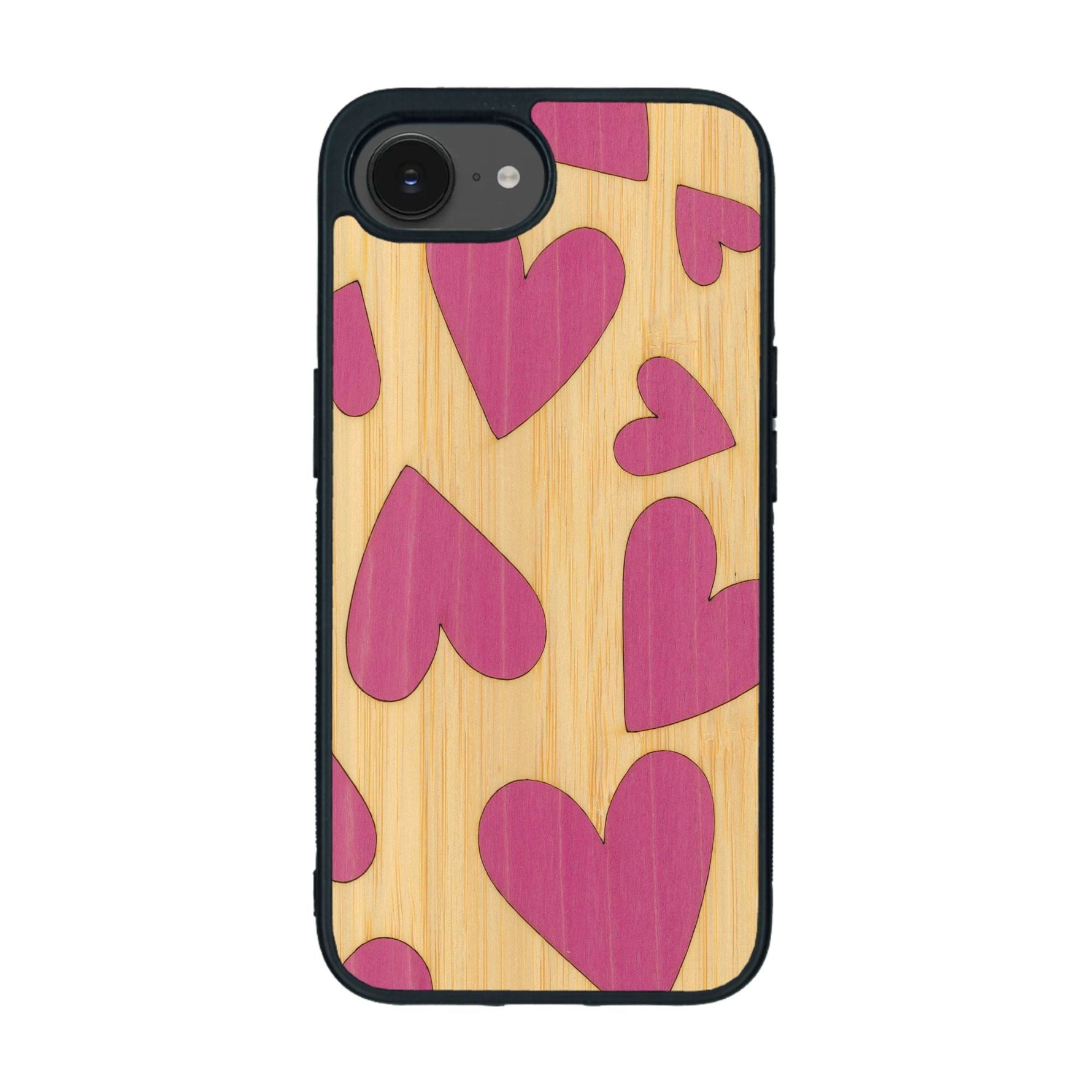 Coque de protection en bois véritable fabriquée en France pour iPhone 16e alliant plusieurs essences de bois pour représenter des coeurs pour les amoureux