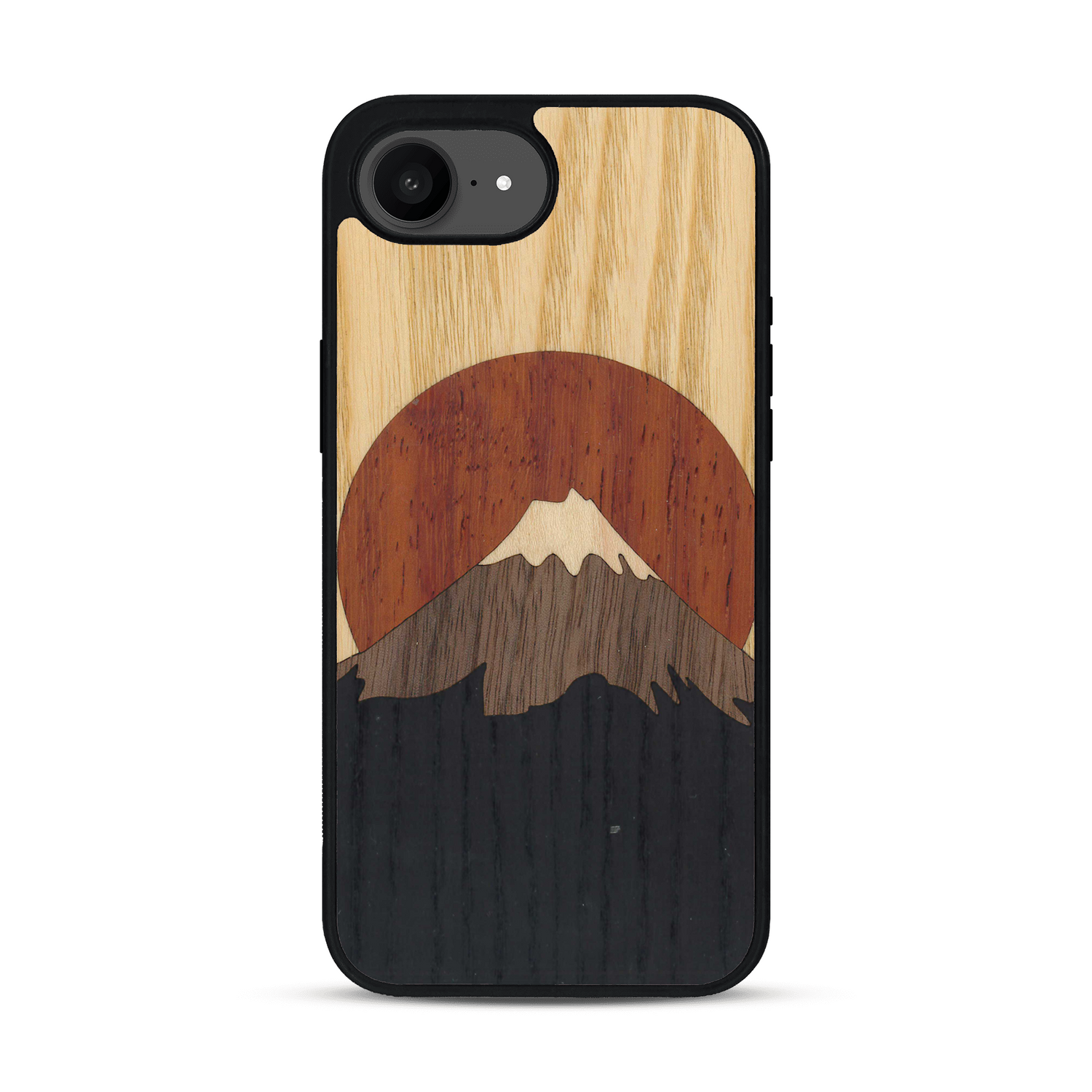 Coque de protection en bois véritable fabriquée en France pour  alliant plusieurs essences de bois pour représenter le mont Fuji
