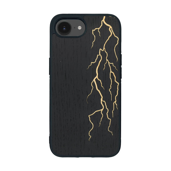 Coque de protection en bois véritable fabriquée en France pour iPhone 16e alliant plusieurs essences de bois pour représenter un éclair divin